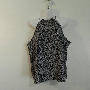 Ruffled trapeze neck, sleeveless, delicate floral/leaf print blouse, black/white